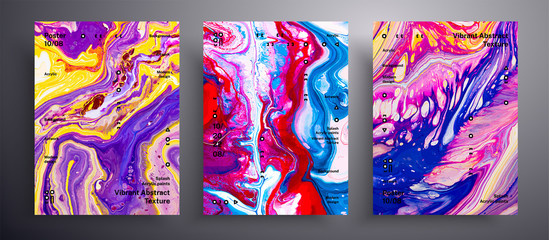 Abstract liquid placard, fluid art vector texture set. Beautiful background that applicable for design cover, poster, brochure and etc. Red, blue and purple creative iridescent artwork