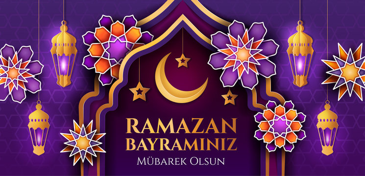 Colorful Islamic purple themed Ramadan banner to celebrate the fast with central text and decorations, vector illustration. Translation from Turkish: Happy Eid-al-Fitr.