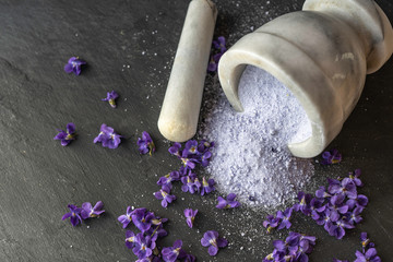 lilac viola violet petal sugar crystals close up used for decorating baking sweet cakes, also as spa papmering bath salts 