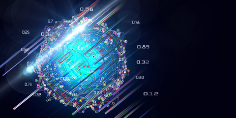 Abstract concept of layered analysis curve paths data. Noise sphere with color curves, blurred lines and lens effects. Big data.  Banner for business and science design. Quantum computing.