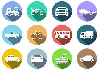 flat icons set, transportation, Airplane, Car, Truck, Bus, Train, Bicycle,Car front,Motorcycle,Pickup truck,Boat,vector illustrations