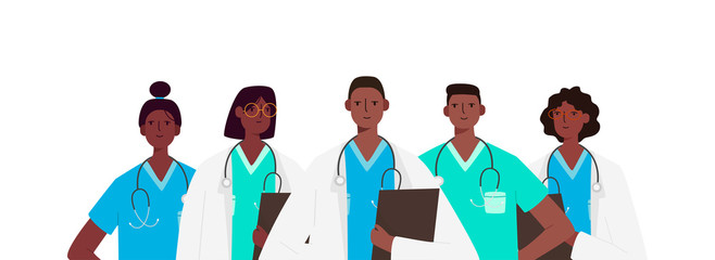 Set of doctors characters. Medical team concept in vector illustration design. Medical staff doctor nurse therapist surgeon professional hospital workers, group of medics.