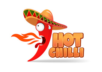 Hot chili pepper in sombrero. Cartoon chili character for mexican food.