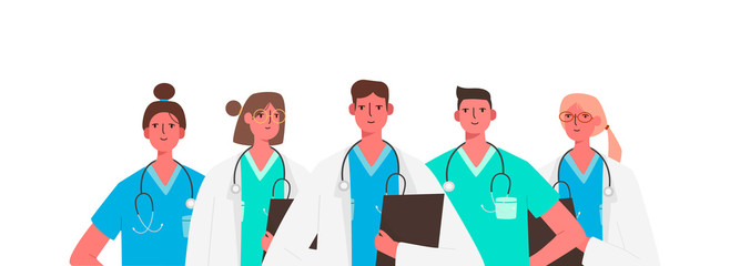Set of doctors characters. Medical team concept in vector illustration design. Medical staff doctor nurse therapist surgeon professional hospital workers, group of medics.
