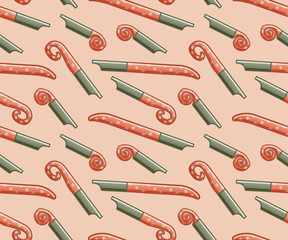 Green and orange party whistles seamless pattern on pink background