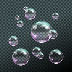 Flying transparent soap bubbles on checkered background.Reaistic colored balls.Vector texture.