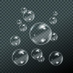 Flying transparent soap bubbles on checkered background.Reaistic colored balls.Vector texture.