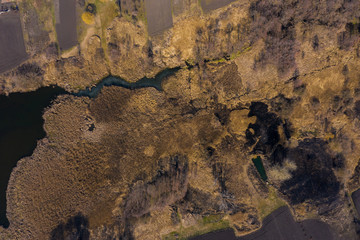 Aerial view from drone of summer landscape with river, hills and forests.