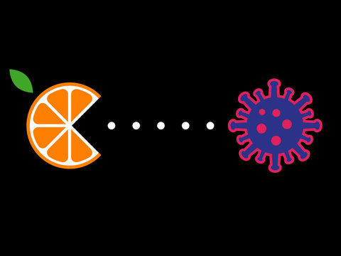 slice of orange eats a virus on black background, vector illustration
