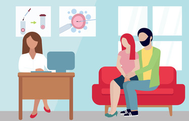 a young couple come to doctor. Wife and husband are sitting on the red sofa in therapist s cabinet. Doctor with brown hair is typing on the computer.