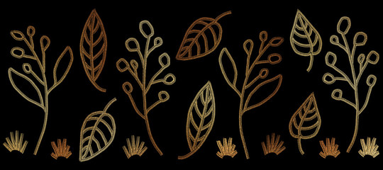 Set gold branches and leaves, luxury glitter illustration decor for invitations, greeting cards, certificate