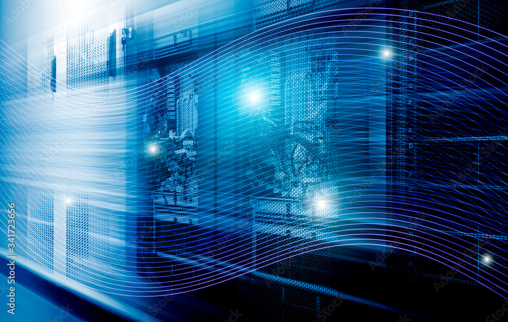 Poster e concept of high-speed information technologies, digital streams move in server equipment of the da