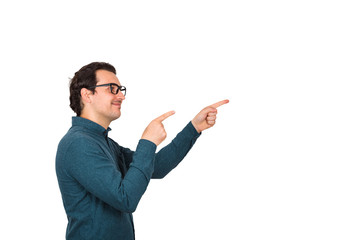 Side view portrait of carefree and friendly businessman, wears glasses smiling broadly, pointing...