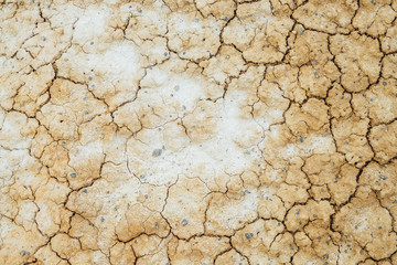 Nature background of cracked dry lands. Natural texture of soil with cracks. Broken clay surface of barren dryland wasteland close-up. Full frame to terrain with arid climate. Lifeless desert on earth