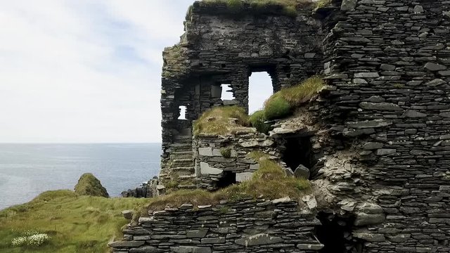 Aerial of ruined Irish castle