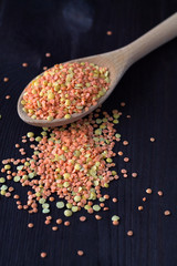 wooden spoon with dried red and yellow lentils on a wooden table top view. Healthy lifestyle. close-up red and yellow lentils in a wooden spoon on a black background. copy space. vertical