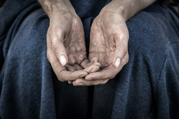 dirty women's hands begging, poverty, hunger