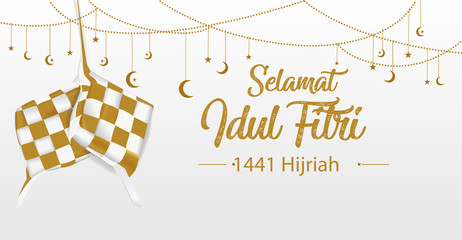 Selamat Idul Fitri, Aidil Fitri set of Ketupat Transalation Happy Eid, the celebration of islamic day after fully fasting at ramadan month with set of Ketupat the symbol of indonesian traditional food