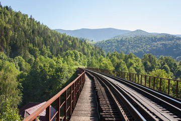 Railway bridge in the mountains between the forests in the Carpathians