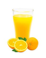 Fresh orange juice and orange fruit sliced with leaves isolated on white background with clipping...