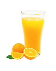 Fresh orange juice and orange fruit sliced with leaves isolated on white background with clipping path