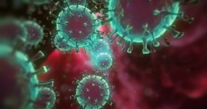 Coronavirus, Covid-19, Flu Virus, Sars-Cov-2, 2019Ncov, Sars-Cov, Mers-Cov. Corona Viruses Moving Inside the Body, Lungs or Artery. Microscope Virus Close Up. Corona Virus Pandemia. The Depth of Field