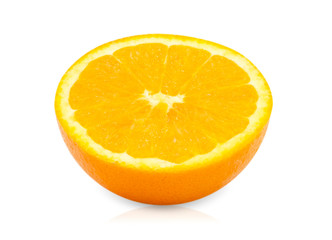 Closeup fresh single orange fruit slice isolated on white background with clipping path