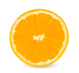 Closeup fresh single orange fruit slice isolated on white background with clipping path