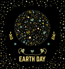 Poster Earth Day with earth in space and star frame on black background. Vector illustration with planet, ecology topic