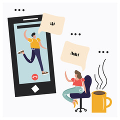 Cute vector flat illustration about video chatting