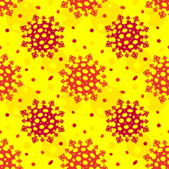 Seamless background from the symbols of the virus, coronavirus, COVID-19 on a yellow background. Vector illustration