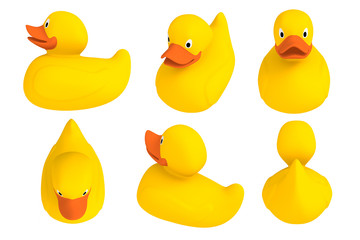 Yellow set rubber duck isolated. Bath toys on a white background. 3d rendering.