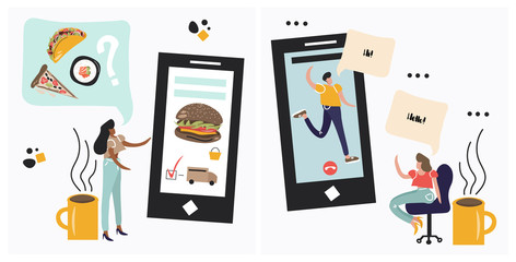 Set of nice vector illustrations with a phone and people about a food delivery service and video calling