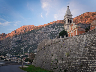 The beautiful view of the Bay of Kotor and St. Matthew's Church from the embankment at sunset....
