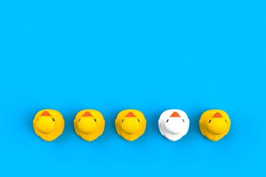 Close up of baby rubber ducks isolated. Bath toys on a blue background. Top view with copy space. Summer wallpaper. 3d rendering.