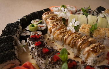 sushi with cherry flowers close up
