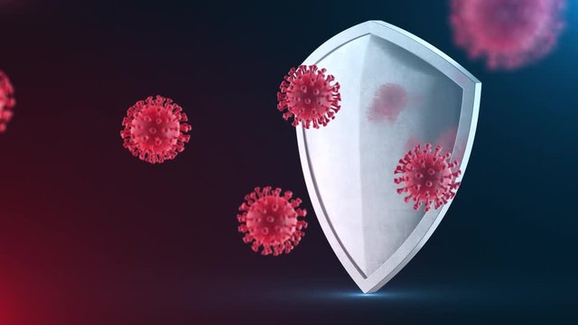 Security shield as virus protection concept. Coronavirus Sars-Cov-2 safety barrier. Shiny steel shield protecting against virus cells, source of covid-19 disease. Defense against bacteria