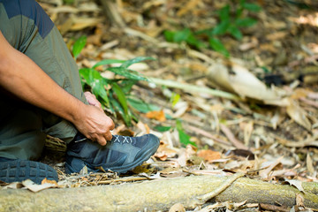 Hand man tie shoelaces in the forest