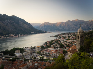 View of the city of Kotor and the Bay of Kotor at the sunset.  Montenegro autumn 2019