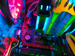 Modern computer air cooling with multi-colored led backlight-fans, cooling radiators, cables,...