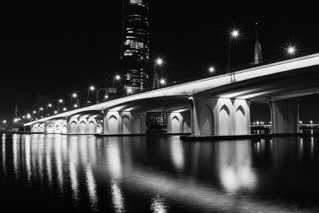 Fototapeta na wymiar bridge at night black and white in Dubai UAE