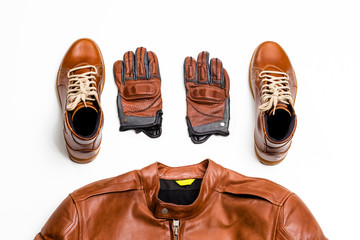 Set of Protective Motorcycling Clothing Consisting of Leather Jacket, Leather Tan Boots and...