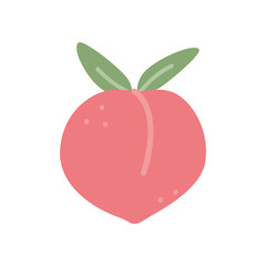 Doodle peach with leaves icon. Peach fruit in shape of heart isolated on white background. Farm, natural food, fresh fruits, vegan concepts. Cartoon. Flat. Vector stock illustration.