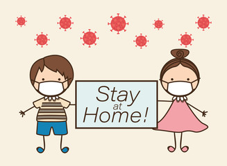 Boy and girl kids with masks and stay at home banner against 2019 ncov virus vector design