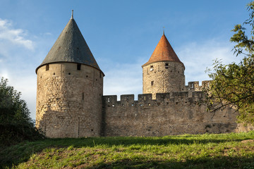 Fototapeta na wymiar Two towers of fortified medieval city of Carcassonne, Languedoc Roussillon, France