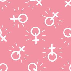 Seamless pattern with female gender sign, venus icon, symbol of feminism and woman.  Flat. Vector stock illustration.