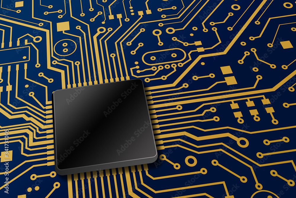 Aufkleber Computer hardware technology. Blue circuit board with gold lines and microprocessor, empty space. Illustration