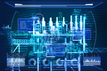 3D rendering , Blue screen digital scan window on oil rig construction plant
