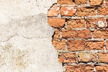Cracked brick wall texture. Grunge destroyed concrete layer background.  Crack line pattern. Bright...