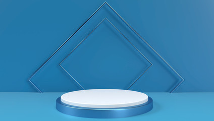 3d Rendering Of Abstract Geometric  Background, Scene, Podium, Stage, And Display Mockup. Blue And White Color.